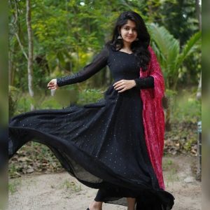 New party wear Embroidery work gown with digital printed dupatta