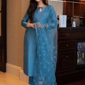 Pure Chiffon Petrol Color Plain Designer Kurta Set