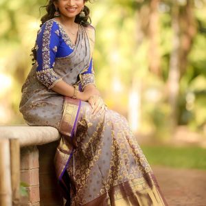 Glittering Grey Soft Banarasi Silk Saree With Snazzy Blouse Piece