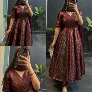 Beautiful Elegance Anarkali Style Soft Silk Gown With Pant & Duppata.