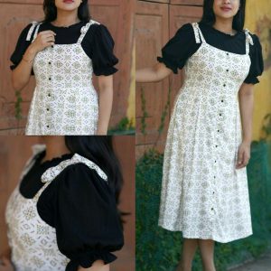 White Printed Button-Down Midi Dress with Black Puff-Sleeve Layer