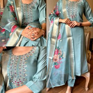 Embroidered Kurta With Printed Dupatta And pent