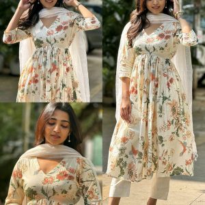 Beige Cotton Floral Printed Kurti With Pant & Dupatta Set