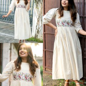 Off White Crochet Lace Work Cotton Anarkali Gown
