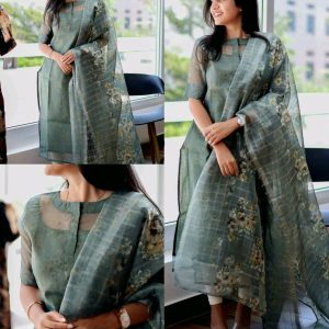 olive organza kurti with dupatta set