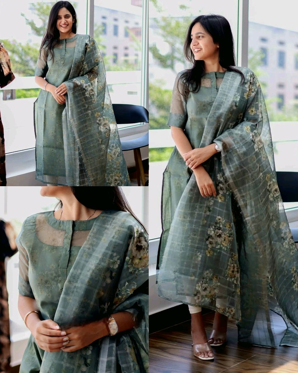 olive organza kurti with dupatta set