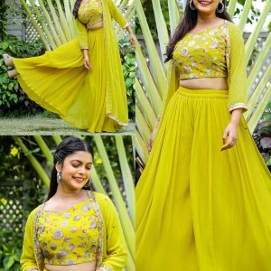 Embroidered Sleeveless Top & Palazzos With Shrug