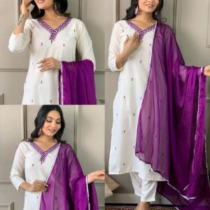 Elevate your wardrobe with this elegant Women’s Embroidered Straight Kurta with Pants & Dupatta Set