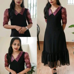 Black Flare Dress with Floral Sleeves