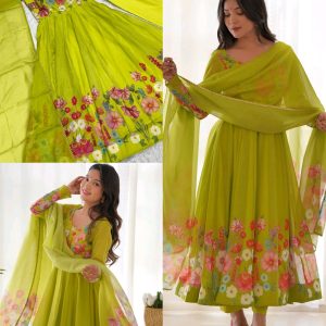 Launching this timeless and classic black floral printed organza anarkali suit set for the upcoming festivities and wedding season