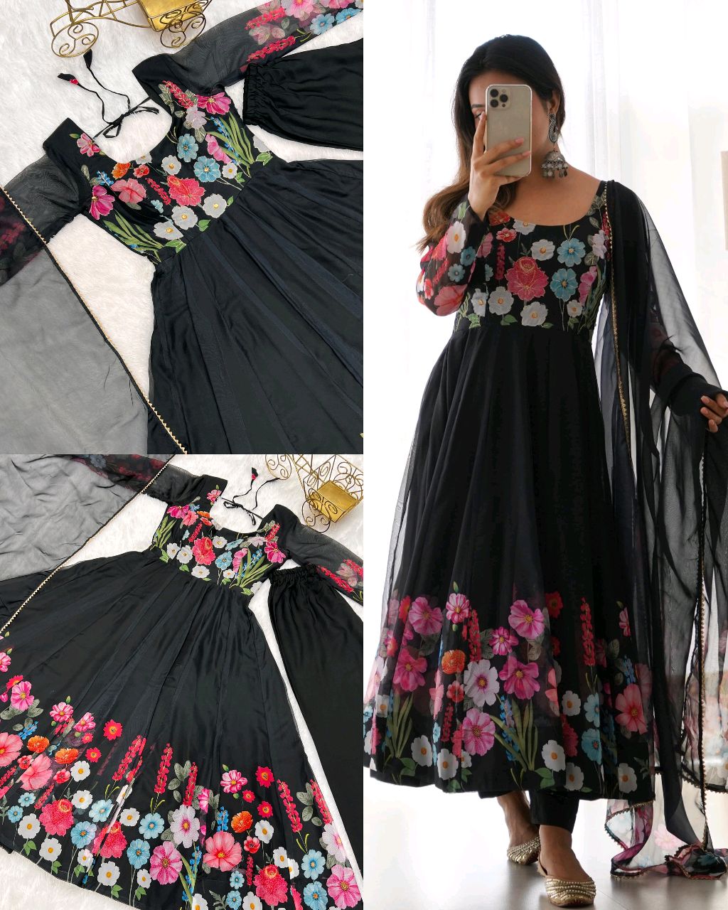 Launching this timeless and classic black floral printed organza anarkali suit set for the upcoming festivities and wedding season - Image 5