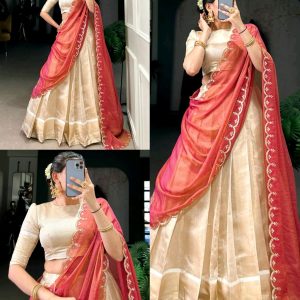 Elegant Golden Zari Weaving Work Lehenga with Zari Shimmer Dupatta