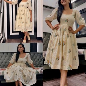 Dhyanku Malti color Floral Hand Block, Print Kurti type Midi Dress Cottan fabric