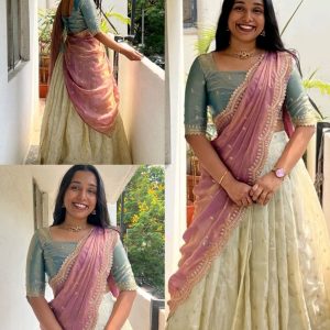 Trendy Viscose zari Tissue Silk Gold Zari Lehanga With Blouse Along With Embroidery Duppta🥰