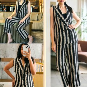 Trendy Premium New Fashionable Women Jacket & Inner Black Top & Bottom Sets