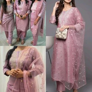 Elegant Mauve Pink Women’s Ethnic 3-Piece Set with Embroidered Kurti, Elastic Pant & Sequined Net Dupatta coding work kurti with pant set