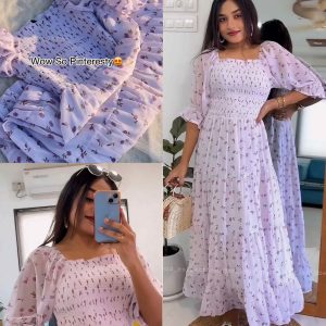 White Floral Printed smocking and shirring Tiered Maxi Dress