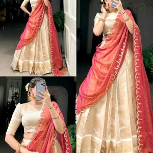 Elegant Golden Zari Weaving Work Lehenga with Zari Shimmer Dupatta 🪷