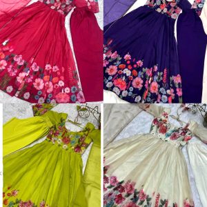 Launching this timeless and classic black floral printed organza anarkali suit set for the upcoming festivities and wedding season