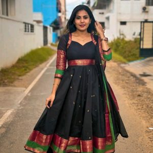 This Gown Duptta made from Silk Cotton fabric with Jacquard Weaving Jari and silk Cotton Duptta with 3 mtr Flair