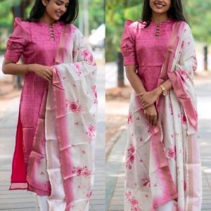Chanderi Straight Button Detailed Neck Puff Sleeve Straight Calf Length Kurta Organza Digital Printed Dupatta