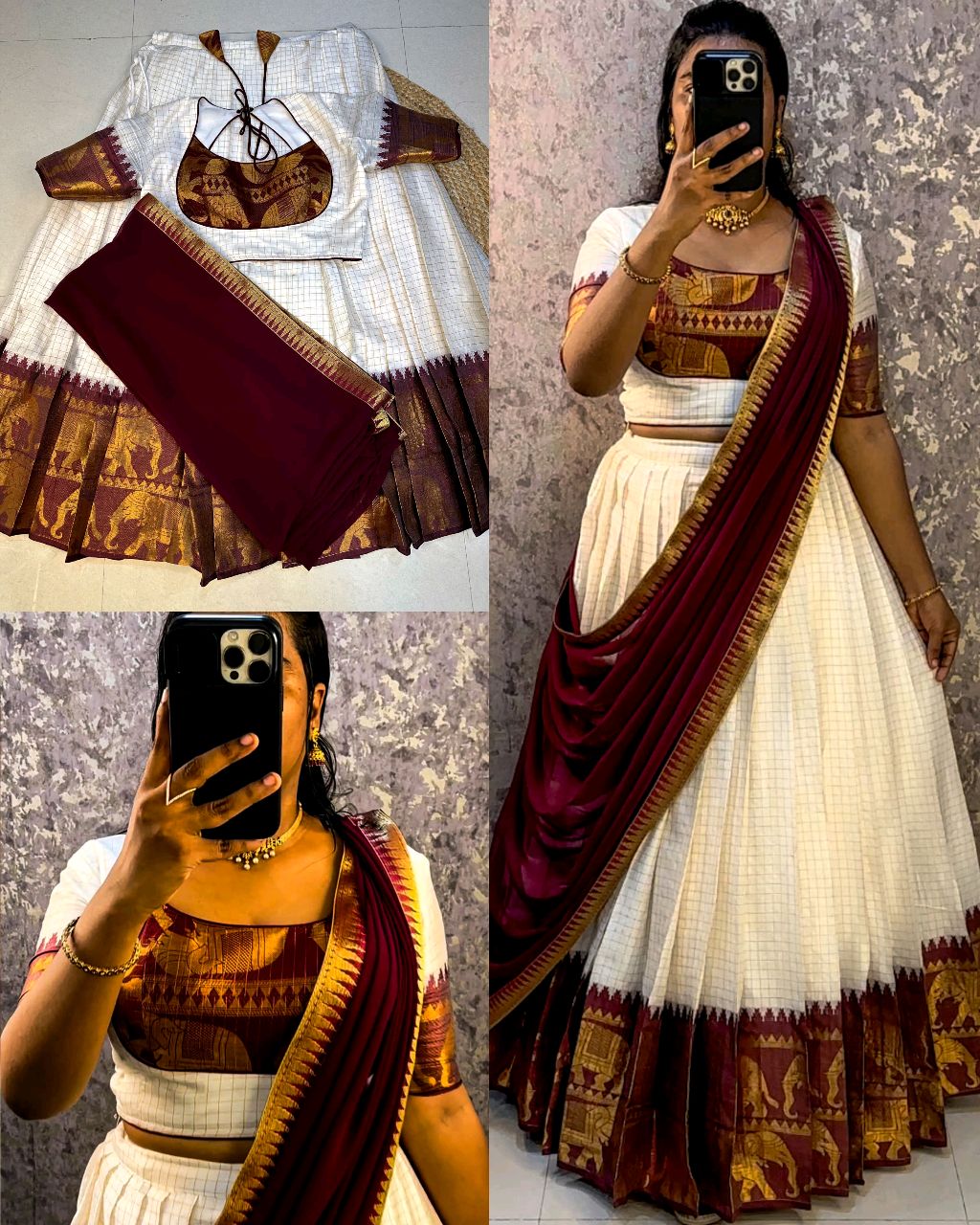 Launching white lehenga with wine zari border suitable for your onam festival
