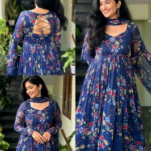 A graceful blue floral Anarkali suit set that blends elegance with comfort