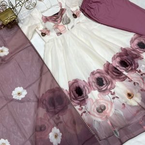 Classic floral printed organza anarkali suit set for the upcoming festivities and wedding season