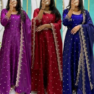 Trending Beautiful Soft Space Silk Sequins Embroidery Gown With Dupatta, elegance Look For Festive Season