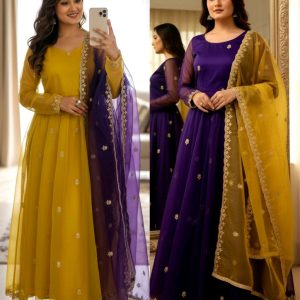 Elegant Partywear Net Gown with Embroidered Dupatta