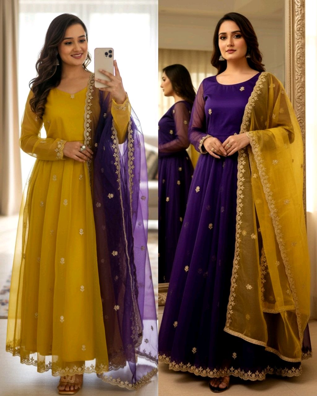 Elegant Partywear Net Gown with Embroidered Dupatta