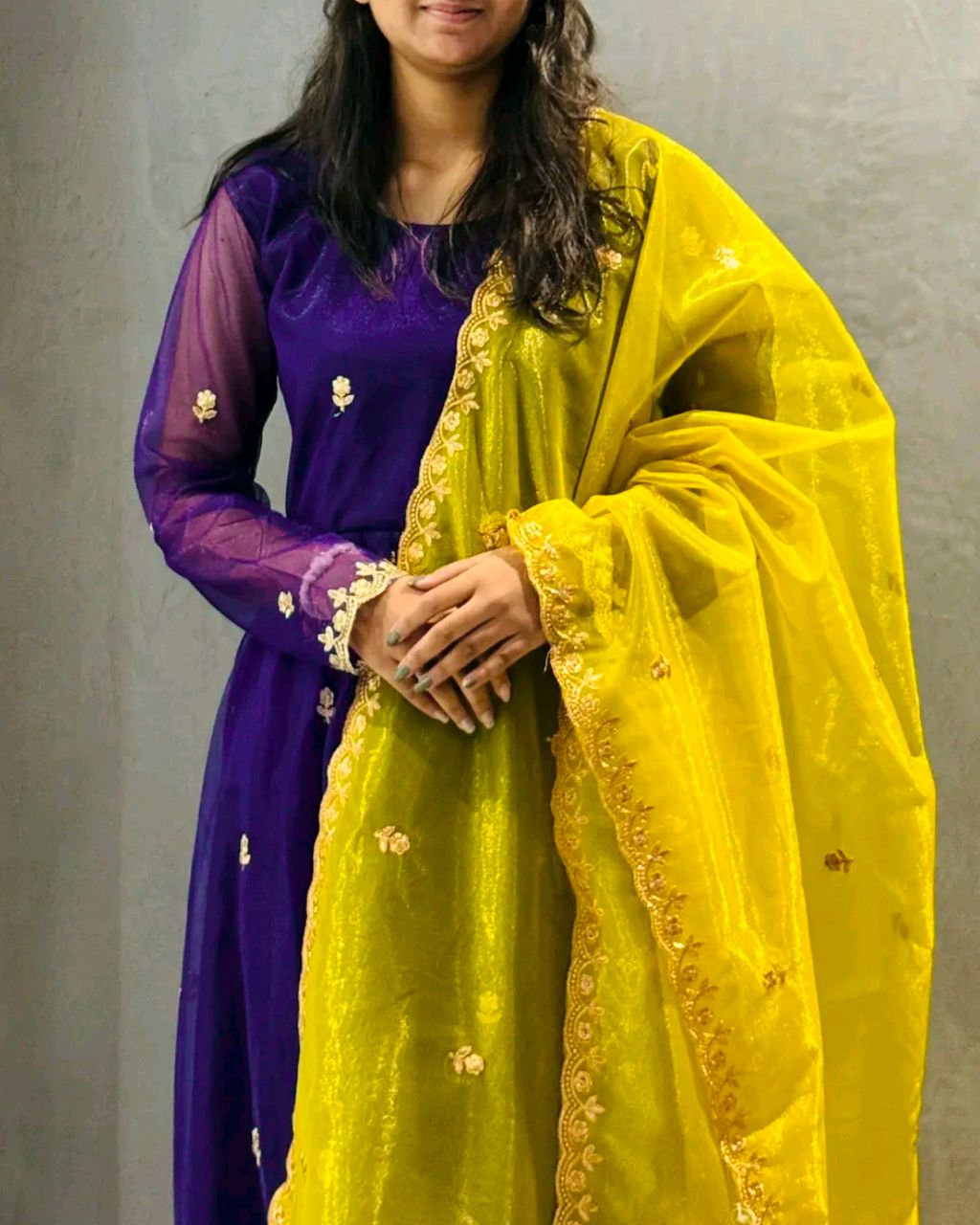 Elegant Partywear Net Gown with Embroidered Dupatta - Image 2