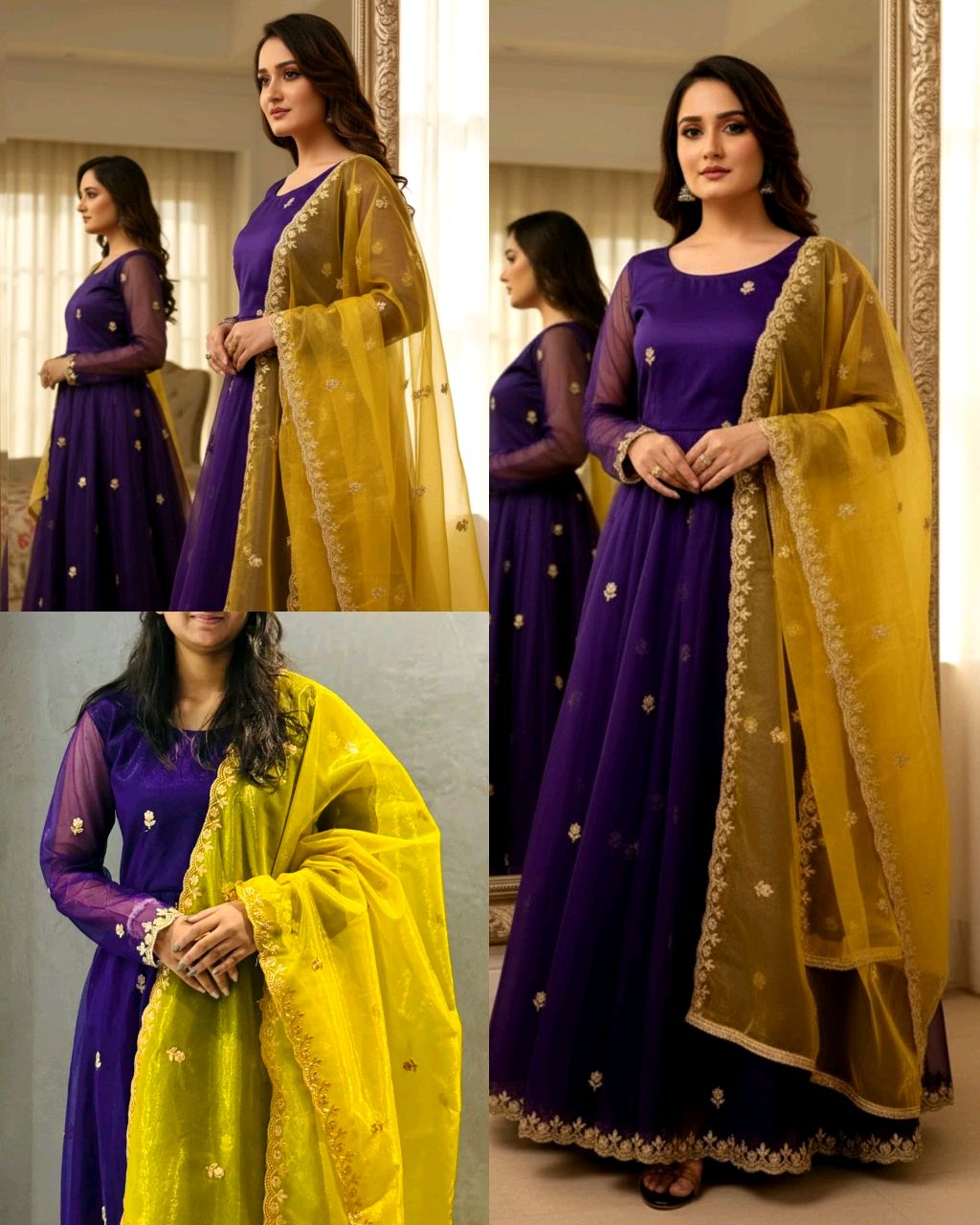 Elegant Partywear Net Gown with Embroidered Dupatta - Image 3