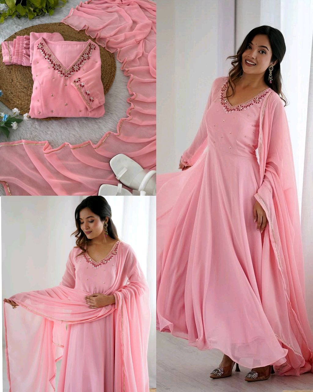 Super Trendy New Party Wear Look Fox Gerorrget Gown With Dupatta & Pant