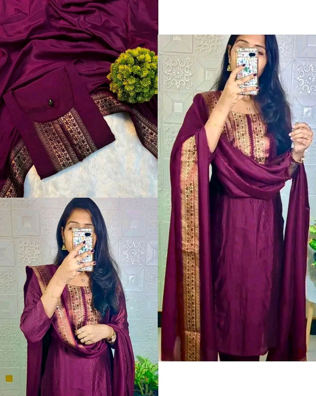 Stylish festival wear pure vichitra silk Kurti set with beautiful zari work lace yoke part and Dupatta - Image 2