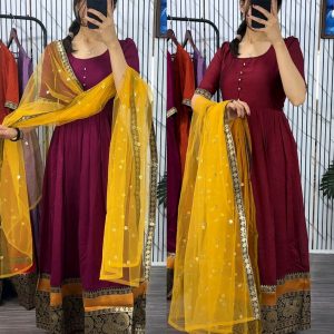 Draped in the rich elegance of anarkali with stunning traditional borders. Feeling regal and ready for the festivities!