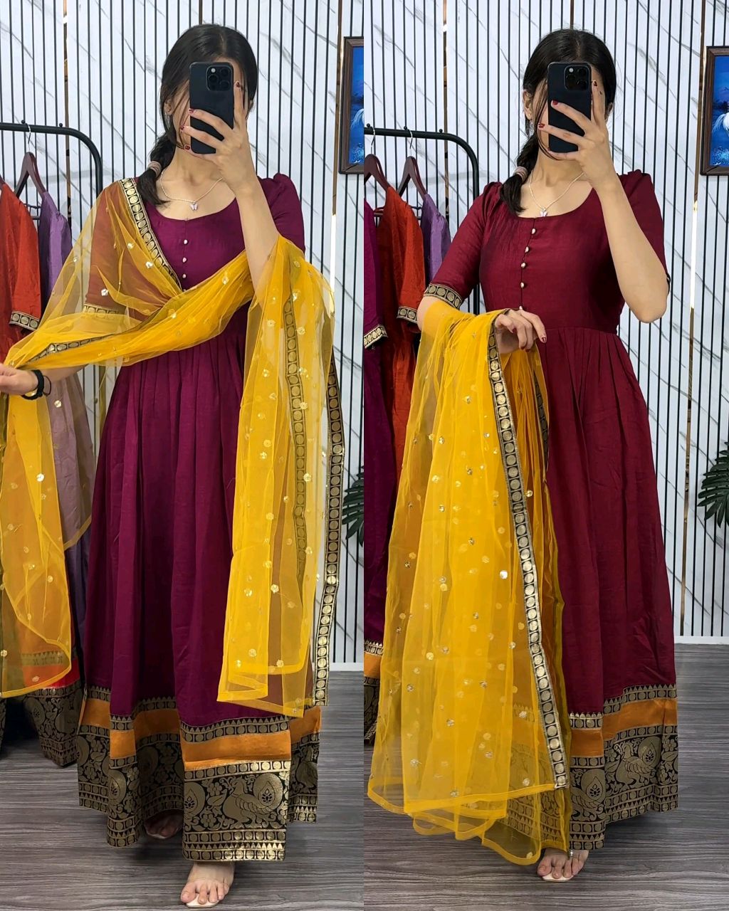 Draped in the rich elegance of anarkali with stunning traditional borders. Feeling regal and ready for the festivities!