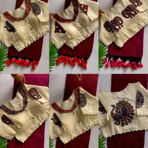 Presenting a Khadi cotton saree Ano Beautiful Havy khadi Cotton Aplique Blouse ( Fully Stitched )