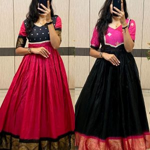 Trendy Tradational Soft and shiny long gown with zari pattu