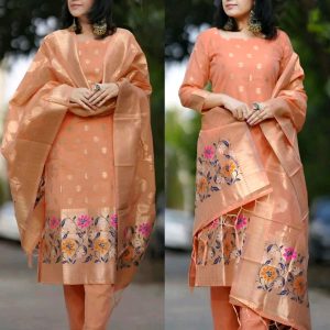 Grace your ethnic collection with this elegant peach Jacquard suit set