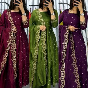 Introducing our Striking Vichitra Anarkali Adorned with Exquisite Embroidery. Paired with a delicate Border dupatta, this ensemble exudes elegance and sophistication, perfect for any special occasion