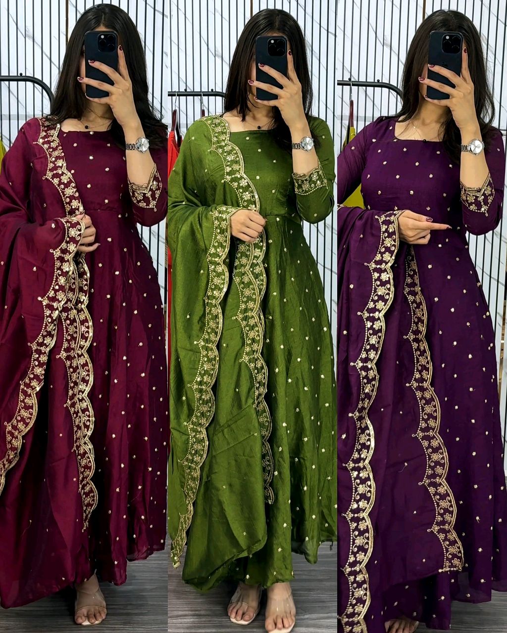 Introducing our Striking Vichitra Anarkali Adorned with Exquisite Embroidery. Paired with a delicate Border dupatta, this ensemble exudes elegance and sophistication, perfect for any special occasion