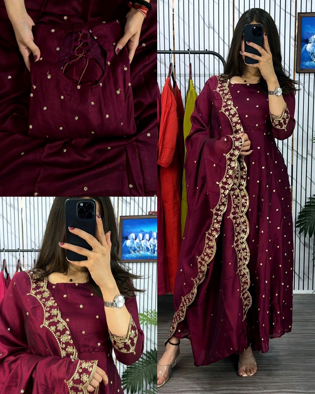 Introducing our Striking Vichitra Anarkali Adorned with Exquisite Embroidery. Paired with a delicate Border dupatta, this ensemble exudes elegance and sophistication, perfect for any special occasion - Image 3