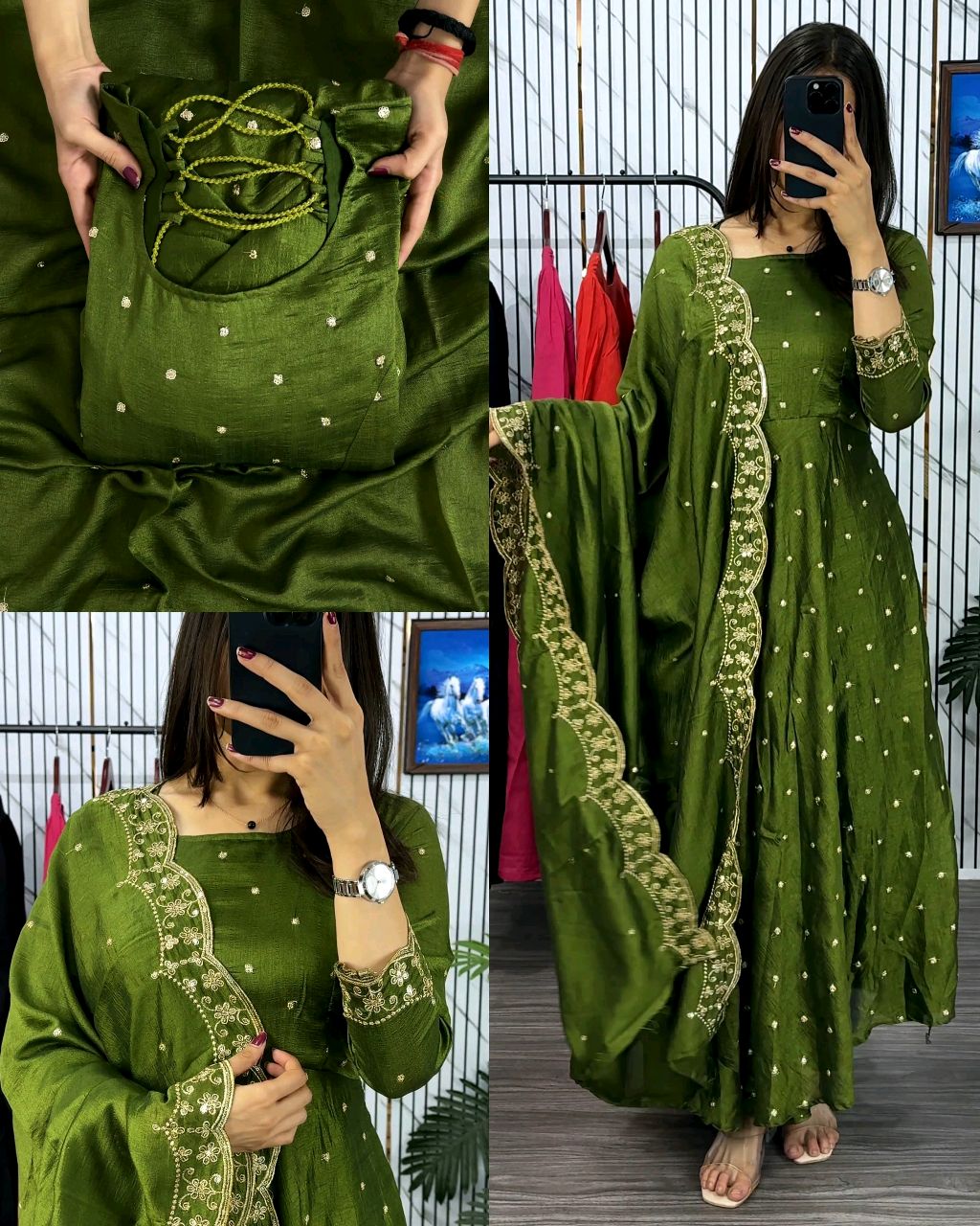 Introducing our Striking Vichitra Anarkali Adorned with Exquisite Embroidery. Paired with a delicate Border dupatta, this ensemble exudes elegance and sophistication, perfect for any special occasion - Image 4