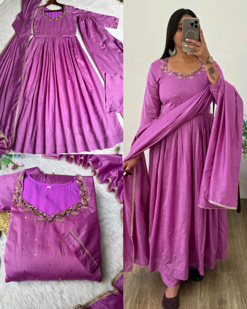 Presenting By New Party Wear LooK Pure Mul cotton Chanderi Silk Gown Pant With Dupatta Set of 3 pic