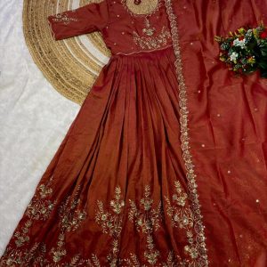 Tradational Elegant full-length maxi gown featuring, beautifully Original south tissue fabric with embroidery and sequence work With dupatta