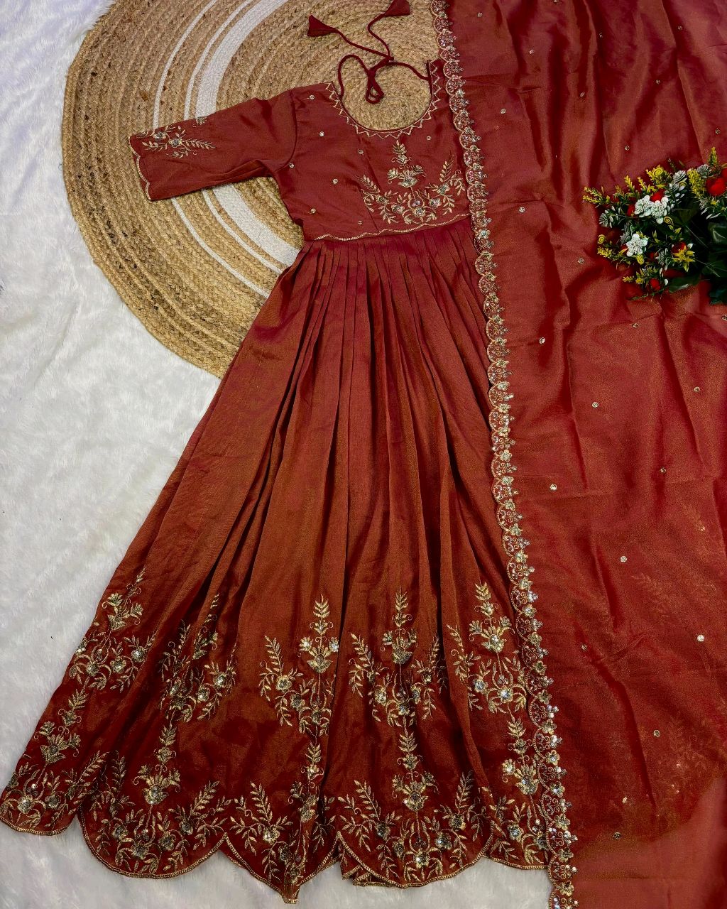 Tradational Elegant full-length maxi gown featuring, beautifully Original south tissue fabric with embroidery and sequence work With dupatta