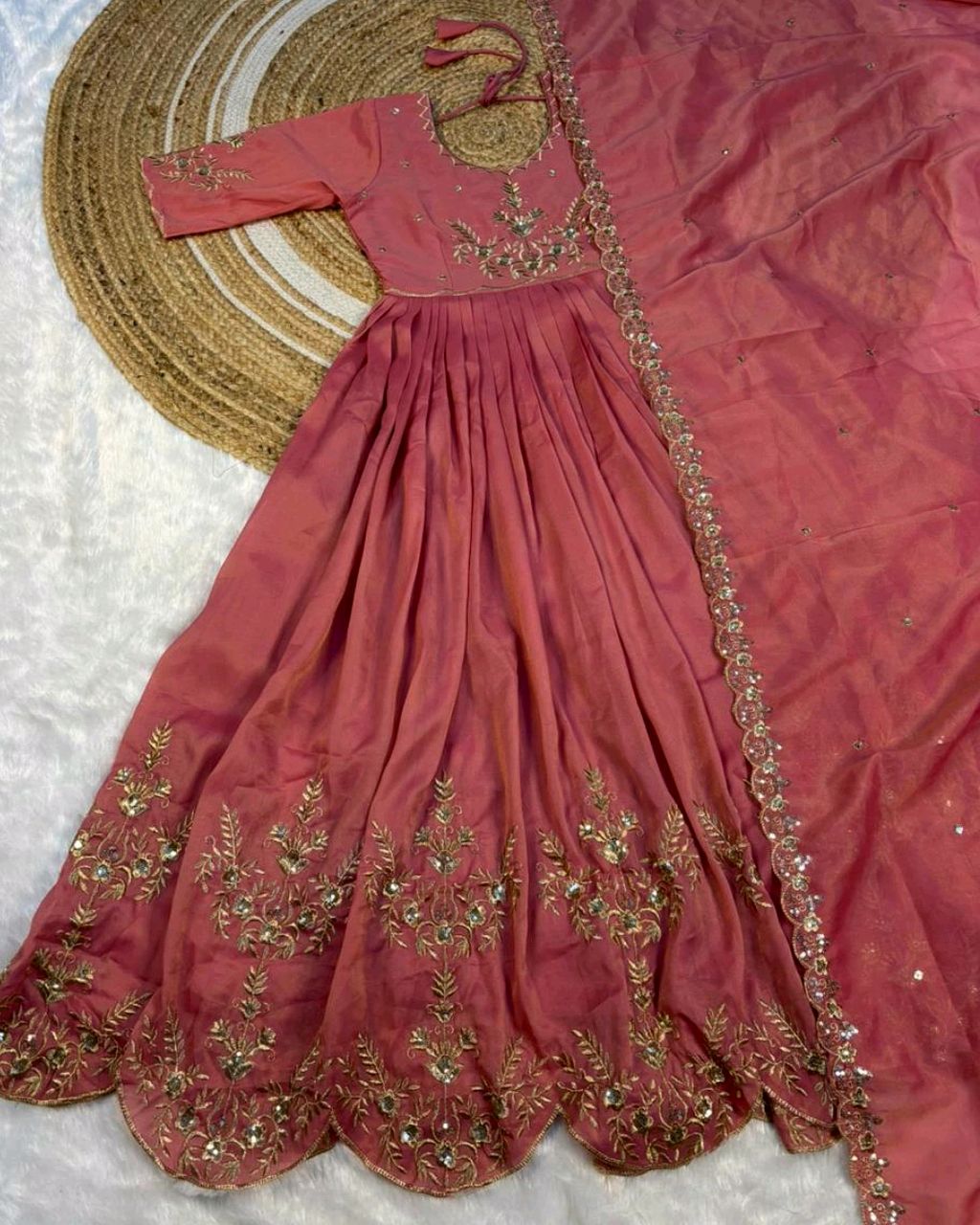 Tradational Elegant full-length maxi gown featuring, beautifully Original south tissue fabric with embroidery and sequence work With dupatta - Image 2