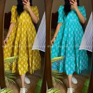 New Beautiful printed Lotus flower cotton middi Gown dress