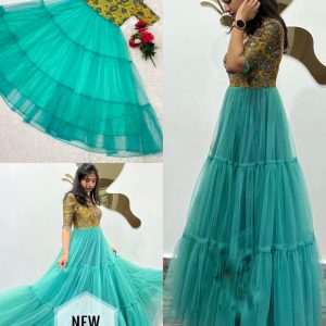 Trending Handwork 3-Layer Gown With Full Flare & Beautiful Lace Work Sleeves